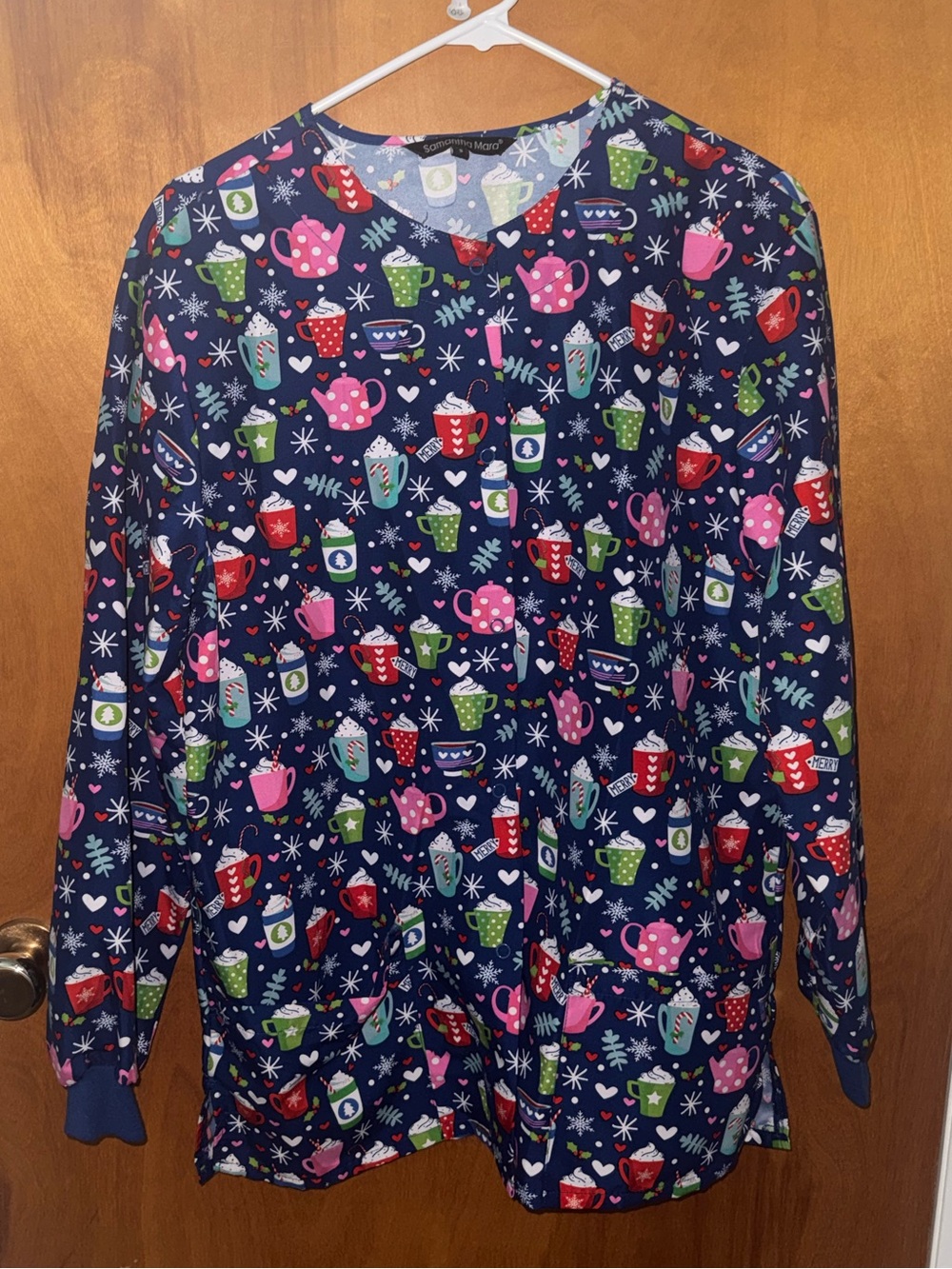 Womens Navy Holiday Mug Print Scrub Jacket